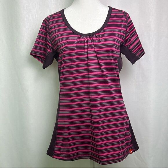 The North Face Top Women’s Large Pink Strips Vapor Wick Short Sleeve Scoop Neck - Picture 1 of 11